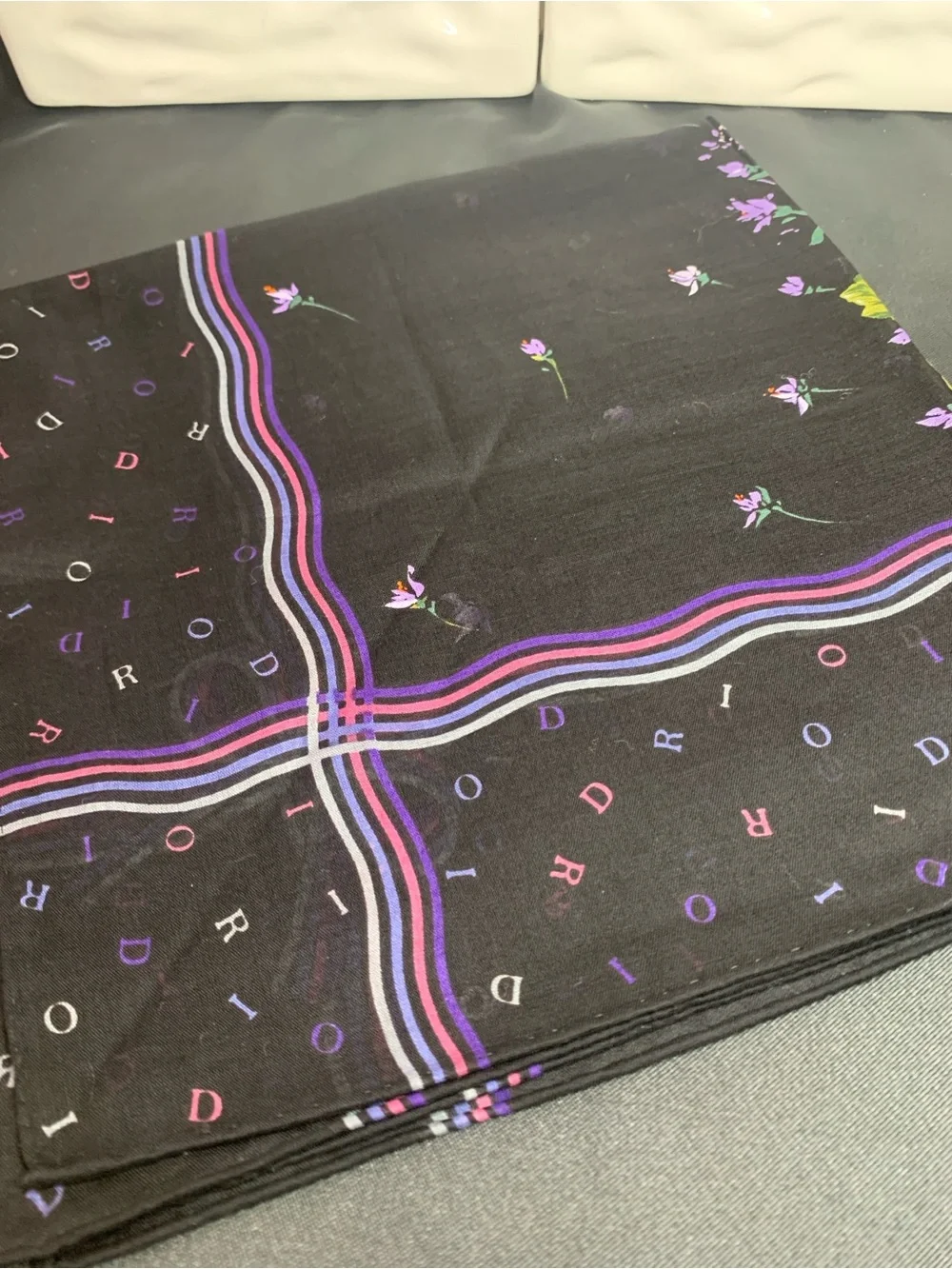 Christian Dior Floral Silk Scarf — Black with Purple & Pink Bouquet